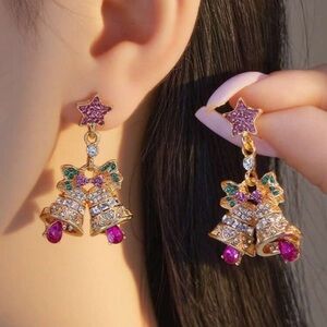 2pcs Christmas Rhinestone Colorful Bell Pendant Earrings,